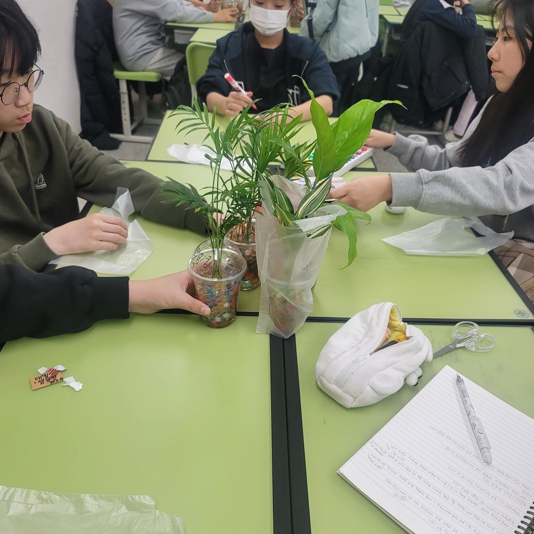 교실에서 작은 화분에 식물을 심어 보는 학생들